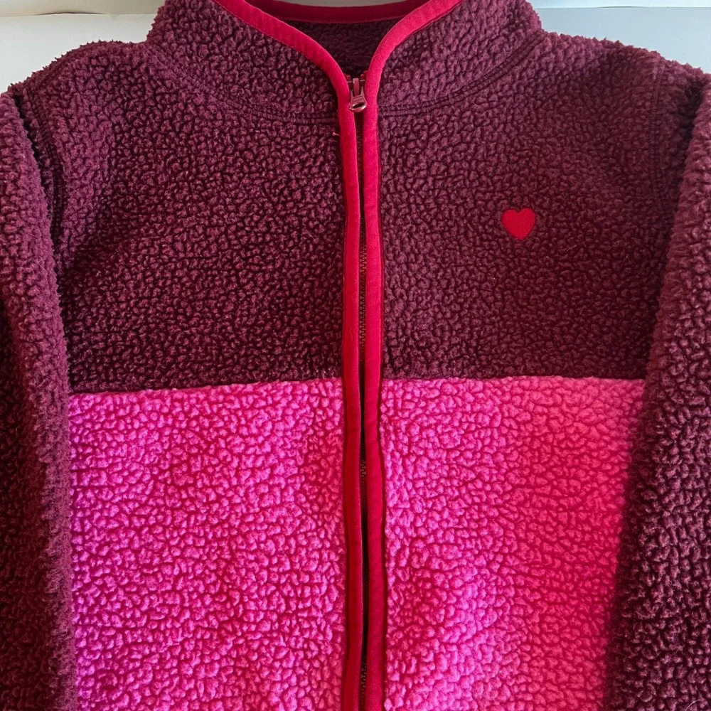 OshKosh Bgosh Girls Sherpa Fleece Jacket Burgundy Pink Heart Full Zip Size 8 8A